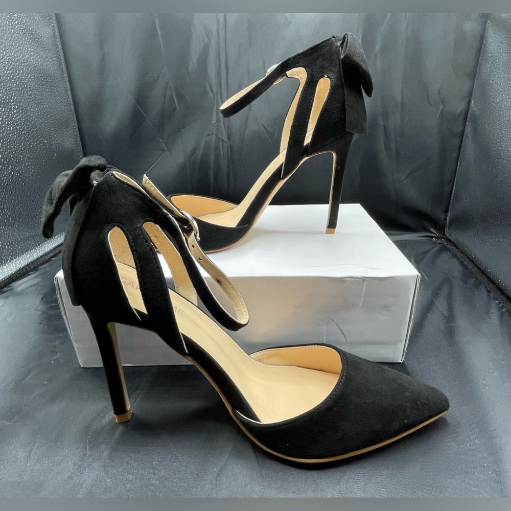 New Carcuume Womens Black Suede Bow Tie Back Stiletto Heel Sandals, Size 9